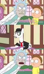 Size: 2000x3373 | Tagged: safe, artist:toucanldm, edit, edited screencap, screencap, earth pony, human, pony, rat, caption, comic, crossover, cutie mark, doug walker, facial hair, glasses, hat, high res, morty smith, narrowed eyes, necktie, nostalgia critic, ponified, ponyville, rick and morty, rick and morty meets my little pony, rick sanchez, screencap comic, table, take that, text, youtube