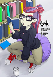 Size: 1395x2000 | Tagged: safe, artist:oldskullkid, moondancer, equestria girls, g4, book, bookshelf, bookworm, bushy brows, clothes, converse, equestria girls-ified, female, glass of milk, glasses, library, looking at you, milk, open mouth, quizzical, reading, shoes, sidecut, sitting, solo, sweater, thick eyebrows, undercut