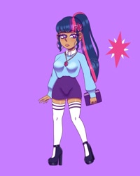 Size: 1080x1350 | Tagged: safe, artist:theapplequeenmaniac2, twilight sparkle, human, g4, book, clothes, dark skin, ear piercing, earring, eyelashes, female, high heels, humanized, jewelry, necklace, piercing, platform heel, purple background, ring, shoes, shorts, signature, simple background, socks, solo, stockings, thigh highs