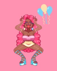 Size: 1080x1350 | Tagged: safe, artist:theapplequeenmaniac2, pinkie pie, human, g4, :p, balloon, breasts, cleavage, clothes, dark skin, double peace sign, ear piercing, eyelashes, eyes closed, feet, female, fingerless gloves, fishnet stockings, gloves, high heels, humanized, nail polish, peace sign, piercing, pink background, shoes, signature, simple background, skirt, solo, squatting, toenail polish, tongue out