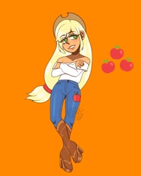 Size: 1080x1350 | Tagged: safe, artist:theapplequeenmaniac2, applejack, human, g4, boots, clothes, crossed arms, eye clipping through hair, eyelashes, female, grin, hat, high heel boots, humanized, orange background, pants, shoes, signature, simple background, smiling, solo