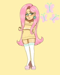 Size: 1080x1350 | Tagged: safe, artist:theapplequeenmaniac2, fluttershy, human, g4, arm behind back, blushing, clothes, ear piercing, earring, eyelashes, female, humanized, jewelry, piercing, shoes, signature, simple background, socks, solo, thigh highs, yellow background