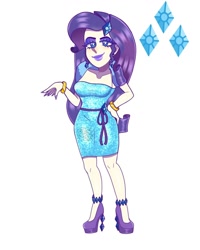 Size: 1080x1350 | Tagged: safe, artist:theapplequeenmaniac2, rarity, human, g4, bracelet, clothes, dress, ear piercing, eyelashes, female, hand on hip, high heels, humanized, jewelry, makeup, piercing, shoes, signature, simple background, smiling, solo, white background