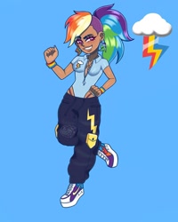 Size: 1080x1350 | Tagged: safe, artist:theapplequeenmaniac2, rainbow dash, human, g4, alternate hairstyle, blue background, bracelet, clothes, cutie mark, cutie mark on clothes, dark skin, ear piercing, eyelashes, female, grin, humanized, jewelry, necklace, panties, pants, piercing, shoes, signature, simple background, smiling, solo, thong, underwear