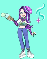 Size: 1080x1350 | Tagged: safe, artist:theapplequeenmaniac2, starlight glimmer, human, g4, beanie, blue background, clothes, eyelashes, female, food, hat, humanized, ice cream, ice cream cone, jewelry, licking, licking lips, nail polish, necklace, pants, shoes, signature, simple background, socks, solo, tongue out