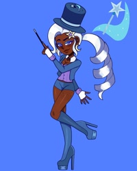 Size: 1080x1350 | Tagged: safe, artist:theapplequeenmaniac2, trixie, human, g4, blue background, boots, clothes, dark skin, ear piercing, eyelashes, female, fingerless gloves, gloves, hairclip, hat, high heel boots, high heels, humanized, kneesocks, magic wand, makeup, nail polish, piercing, shoes, shorts, signature, simple background, socks, solo, top hat