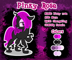 Size: 1024x853 | Tagged: safe, artist:amgiwolf, oc, oc only, changeling, changeling queen, pony, bedroom eyes, changeling queen oc, female, grin, looking back, purple changeling, raised hoof, reference sheet, smiling, solo