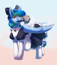 Size: 2434x2768 | Tagged: safe, artist:peachmayflower, oc, oc only, oc:seafoam wake, pegasus, pony, vampire, vampony, clothes, cute, cute little fangs, duster, fangs, female, high res, looking at you, maid, slit pupils, solo