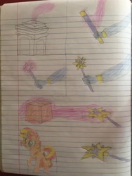 Size: 2448x3264 | Tagged: safe, artist:dupontsimon, sunset shimmer, trixie, fanfic:magic show of friendship, equestria girls, g4, cardboard box, cardboard cutout, fanfic art, high res, lined paper, magic wand, traditional art