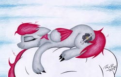 Size: 3153x2020 | Tagged: safe, artist:thechrispony, oc, oc only, oc:skyfire lumia, original species, claws, cloud, female, high res, mare, sleeping, solo, traditional art, wings