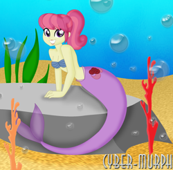 Size: 2328x2288 | Tagged: safe, artist:cyber-murph, diwata aino, mermaid, equestria girls, g4, my little pony equestria girls: better together, my little pony equestria girls: friendship games, background human, belly, bra, bubble, coral, crystal prep shadowbolts, high res, leaning, mascara, mermaidized, midriff, ponytail, rock, seashell bra, seaweed, signature, solo, species swap, underwater