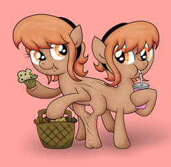 Size: 4912x4802 | Tagged: safe, artist:background basset, derpibooru exclusive, oc, oc only, oc:thingpone, pony, basket, conjoined, duo, duplicate, duplication, eating, food, mitosis, muffin, picnic basket, soda