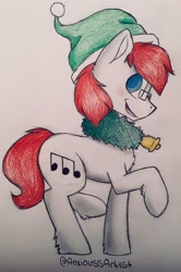 Size: 1536x2316 | Tagged: safe, artist:anxioussartist, oc, oc only, oc:apex soundwave, earth pony, pony, christmas, glasses, hat, holiday, male, photo, solo, stallion, traditional art, wreath