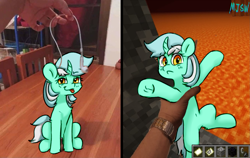 Size: 1963x1243 | Tagged: safe, artist:mjsw, lyra heartstrings, human, pony, unicorn, g4, belly button, earbuds, female, holding a pony, irl, l.u.l.s., lava, mare, meme, minecraft, mlem, photo, punishment, redraw, silly, smug, solo, tongue out
