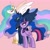Size: 2048x2048 | Tagged: safe, artist:pfeffaroo, part of a set, princess celestia, princess luna, twilight sparkle, alicorn, pony, g4, female, flowing mane, folded wings, height difference, high res, hoof shoes, jewelry, line-up, looking at each other, looking at someone, looking down, looking up, mare, peytral, pink background, profile, regalia, simple background, size difference, smiling, spread wings, standing, trio, twilight sparkle (alicorn), wings