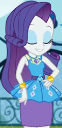 Size: 1001x2045 | Tagged: safe, screencap, rarity, equestria girls, g4, my little pony equestria girls: better together, sock it to me, sock it to me: rarity, canterlot high, clothes, cropped, cute, diamond, dress, eyes closed, female, geode of shielding, gold, hand on hip, jewelry, legs, magical geodes, makeup, necklace, outdoors, pencil skirt, raribetes, rarity peplum dress, skirt, sleeveless, smiling, soccer field, waistband, wrist cuffs