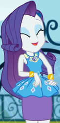 Size: 1005x2045 | Tagged: safe, screencap, rarity, equestria girls, g4, my little pony equestria girls: better together, sock it to me, sock it to me: rarity, canterlot high, clothes, cropped, cute, diamond, dress, eyes closed, female, geode of shielding, gold, jewelry, laughing, legs, magical geodes, makeup, necklace, outdoors, pencil skirt, raribetes, rarity peplum dress, skirt, sleeveless, smiling, soccer field, waistband, wrist cuffs