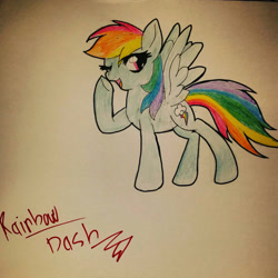 Size: 1920x1920 | Tagged: safe, artist:juliet-gwolf18, rainbow dash, pegasus, pony, g4, eyelashes, female, mare, one eye closed, open mouth, signature, smiling, solo, traditional art, underhoof, wings, wink