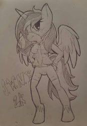 Size: 929x1346 | Tagged: safe, artist:juliet-gwolf18, oc, oc only, oc:juliet, alicorn, anthro, unguligrade anthro, alicorn oc, clothes, female, grayscale, horn, lineart, monochrome, shorts, signature, solo, traditional art, unshorn fetlocks, wings