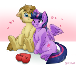 Size: 2593x2207 | Tagged: safe, artist:melpone, twilight sparkle, oc, alicorn, pony, g4, beanbrows, blushing, canon x oc, commission, eyebrows, floppy ears, heart, heart pillow, high res, holiday, nuzzling, one eye closed, pillow, twilight sparkle (alicorn), valentine, valentine's day, ych result