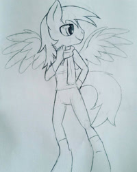 Size: 1152x1440 | Tagged: safe, artist:juliet-gwolf18, oc, oc only, pegasus, anthro, unguligrade anthro, clothes, grayscale, lineart, male, monochrome, pants, pegasus oc, smiling, solo, traditional art, wings
