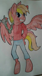 Size: 747x1328 | Tagged: safe, artist:juliet-gwolf18, oc, oc only, pegasus, anthro, unguligrade anthro, amputee, clothes, devil horn (gesture), grin, male, pants, pegasus oc, prosthetic limb, prosthetics, smiling, solo, traditional art, wings