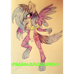 Size: 1459x1459 | Tagged: safe, artist:juliet-gwolf18, oc, oc only, wolf, wolf pony, anthro, digitigrade anthro, clothes, ear fluff, eyelashes, featureless crotch, pubic fluff, solo, traditional art, wings
