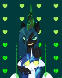 Size: 1634x2035 | Tagged: safe, artist:n in a, queen chrysalis, shining armor, changeling, changeling queen, pony, unicorn, g4, blank eyes, duo, female, floppy ears, glowing horn, grin, horn, male, mind control, sharp teeth, smiling, stallion, teeth
