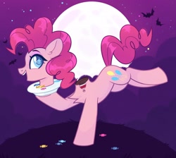 Size: 2048x1832 | Tagged: safe, artist:n in a, pinkie pie, bat, earth pony, pony, g4, candy, candy gore, detached head, everything is cake, female, food, gore, mare, moon, night, plate, solo