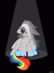 Size: 1529x2048 | Tagged: safe, artist:n in a, rainbow dash, pegasus, pony, g4, color loss, desaturated, female, floppy ears, hair over one eye, looking sideways, mare, partial color, rainbow-less dash, sitting, solo