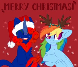 Size: 2048x1772 | Tagged: safe, artist:n in a, rainbow dash, oc, kirin, pegasus, pony, g4, :t, animal costume, antlers, christmas, commission, costume, duo, eyes closed, female, floppy ears, hat, holiday, kirin oc, mare, merry christmas, rainbow dash is not amused, reindeer antlers, reindeer costume, reindeer dash, santa hat, smiling, unamused