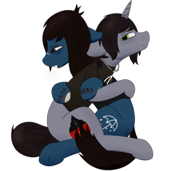 Size: 1940x1940 | Tagged: safe, artist:thekamko, earth pony, pony, undead, unicorn, zombie, zombie pony, bring me the horizon, clothes, commission, disguise, disguised siren, duo, fangs, gay, hug, jewelry, kellin quinn, male, necklace, oliver sykes, ponified, scar, shipping, shirt, sigh, sleeping with sirens, stitches, t-shirt