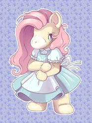 Size: 2879x3880 | Tagged: safe, artist:cutepencilcase, part of a set, fluttershy, original species, plush pony, pony, g1, g4, bipedal, blush sticker, blushing, clothes, doll, dress, female, g4 to g1, g4 to takara, generation leap, high res, outline, plushie, puffy sleeves, solo, standing, takara pony, three quarter view, toy, white outline