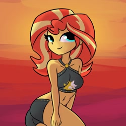 Size: 3000x3000 | Tagged: safe, artist:tjpones, sunset shimmer, equestria girls, g4, beach shorts swimsuit, belly button, bikini, boobs and butt pose, breasts, busty sunset shimmer, clothes, female, high res, solo, sunset, sunset shimmer's beach shorts swimsuit, swimsuit