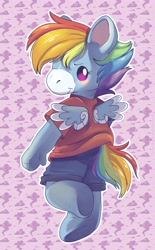 Size: 2539x4096 | Tagged: safe, artist:cutepencilcase, rainbow dash, original species, pegasus, plush pony, pony, g1, g4, bipedal, clothes, doll, female, g4 to g1, g4 to takara, generation leap, high res, looking at you, looking back, looking back at you, outline, plushie, shirt, shorts, smiling, solo, t-shirt, takara pony, toy, white outline, wings