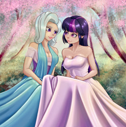 Size: 1869x1884 | Tagged: safe, artist:scs-g3-n17, trixie, twilight sparkle, human, g4, bare shoulders, breasts, bride, bush, busty trixie, busty twilight sparkle, cleavage, clothes, dress, female, humanized, lesbian, requested art, ship:twixie, shipping, sleeveless, strapless, tree, wedding dress