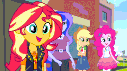 Size: 1280x720 | Tagged: safe, edit, edited screencap, screencap, applejack, pinkie pie, princess luna, rainbow dash, sunset shimmer, vice principal luna, equestria girls, equestria girls specials, g4, my little pony equestria girls: better together, my little pony equestria girls: forgotten friendship, animated, caption, clothes, cutie mark, cutie mark on clothes, geode of empathy, geode of sugar bombs, geode of super speed, geode of super strength, gif, gif with captions, image macro, magical geodes, no student parking in the faculty lot, stifling laughter, text