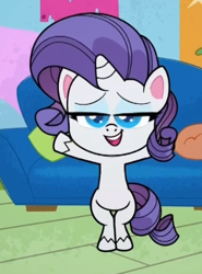 Size: 357x483 | Tagged: safe, screencap, rarity, pony, unicorn, director spike's mockumentary, g4, g4.5, my little pony: pony life, bipedal, cropped, female, lidded eyes, looking at you, open mouth, solo, t pose