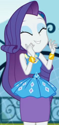 Size: 968x2045 | Tagged: safe, screencap, rarity, equestria girls, g4, my little pony equestria girls: better together, sock it to me, sock it to me: rarity, canterlot high, clothes, cropped, cute, diamond, dress, eyes closed, female, geode of shielding, gold, jewelry, legs, magical geodes, makeup, necklace, outdoors, pencil skirt, raribetes, rarity peplum dress, skirt, sleeveless, smiling, soccer field, waistband, wrist cuffs