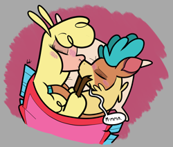 Size: 2420x2052 | Tagged: safe, artist:shelbysmol, paprika (tfh), velvet (tfh), alpaca, deer, reindeer, them's fightin' herds, blushing, cloven hooves, community related, doe, duo, eyes closed, female, high res, holding head, kiss on the lips, kissing, lesbian, pillow, shipping, that alpaca sure does love kisses, velverika