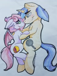 Size: 3024x4032 | Tagged: safe, artist:anxioussartist, oc, oc only, oc:jade jump, oc:lunar spice, bat pony, pony, unicorn, bat pony oc, bite mark, commission, jadespice, looking at each other, shipping, size difference, traditional art