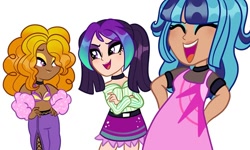 Size: 1080x648 | Tagged: dead source, safe, artist:frisk.mlp, adagio dazzle, aria blaze, sonata dusk, human, equestria girls, g4, :d, choker, clothes, crossed arms, dark skin, eyes closed, female, humanized, light skin, makeup, moderate dark skin, open mouth, redesign, simple background, smiling, the dazzlings, white background