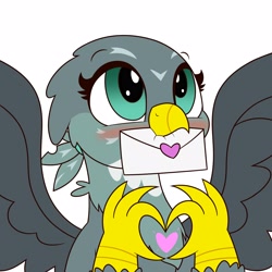 Size: 4000x4000 | Tagged: safe, artist:mrneo, gabby, griffon, g4, absurd resolution, blushing, bust, cute, female, gabbybetes, heart, heart hands, letter, mouth hold, mrneo is trying to murder us, simple background, solo, spread wings, weapons-grade cute, white background, wings