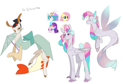 Size: 3247x2217 | Tagged: safe, artist:aztrial, fluttershy, princess celestia, queen novo, oc, alicorn, draconequus, hippogriff, hybrid, pegasus, pony, seapony (g4), g4, celestinovoshy, claws, draconequus oc, female, fins, high res, interspecies offspring, jewelry, lesbian, magical lesbian spawn, magical threesome spawn, multiple parents, necklace, novolestia, novoshy, offspring, parent:fluttershy, parent:princess celestia, parent:queen novo, parents:novoshy, ship:flutterlestia, shipping, simple background, white background, wings