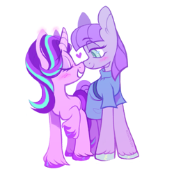 Size: 1133x1145 | Tagged: safe, artist:onionpwder, maud pie, starlight glimmer, earth pony, pony, unicorn, g4, belt, blushing, boop, clothes, cute, dress, duo, eyeshadow, female, glimmerbetes, grin, heart, lesbian, makeup, mare, maudabetes, missing cutie mark, noseboop, raised hoof, shipping, simple background, smiling, starmaud, unshorn fetlocks, when she smiles, white background