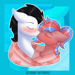 Size: 1500x1500 | Tagged: safe, artist:tresmariasarts, oc, oc only, oc:bree, oc:skysprinter, pony, blanket, blushing, bust, cute, duo, eyes closed, floppy ears, kissing, lovely, oc x oc, shipping, wholesome