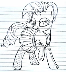 Size: 1367x1482 | Tagged: safe, anonymous artist, rarity, pony, unicorn, g4, clothes, female, hair bun, lined paper, mare, monochrome, skirt, socks, solo, traditional art