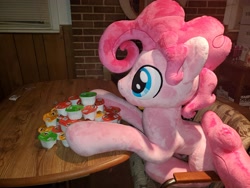 Size: 4032x3024 | Tagged: safe, artist:lanacraft, photographer:crescent star, pinkie pie, earth pony, pony, g4, bubble berry, chips, food, irl, male, photo, plushie, potato chips, pringles, rule 63, sitting, table