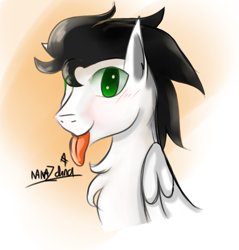 Size: 1882x1969 | Tagged: safe, artist:nanazdina, oc, oc only, oc:skysprinter, pegasus, pony, :p, blushing, bust, chest fluff, cute, folded wings, male, no pupils, portrait, signature, smiling, solo, stallion, tongue out, wings