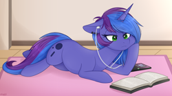 Size: 3200x1782 | Tagged: safe, artist:higglytownhero, oc, oc only, oc:blue monday, pony, unicorn, book, cellphone, ear piercing, earbuds, female, floppy ears, lying down, mare, nine inch nails, phone, piercing, simple background, smartphone, solo